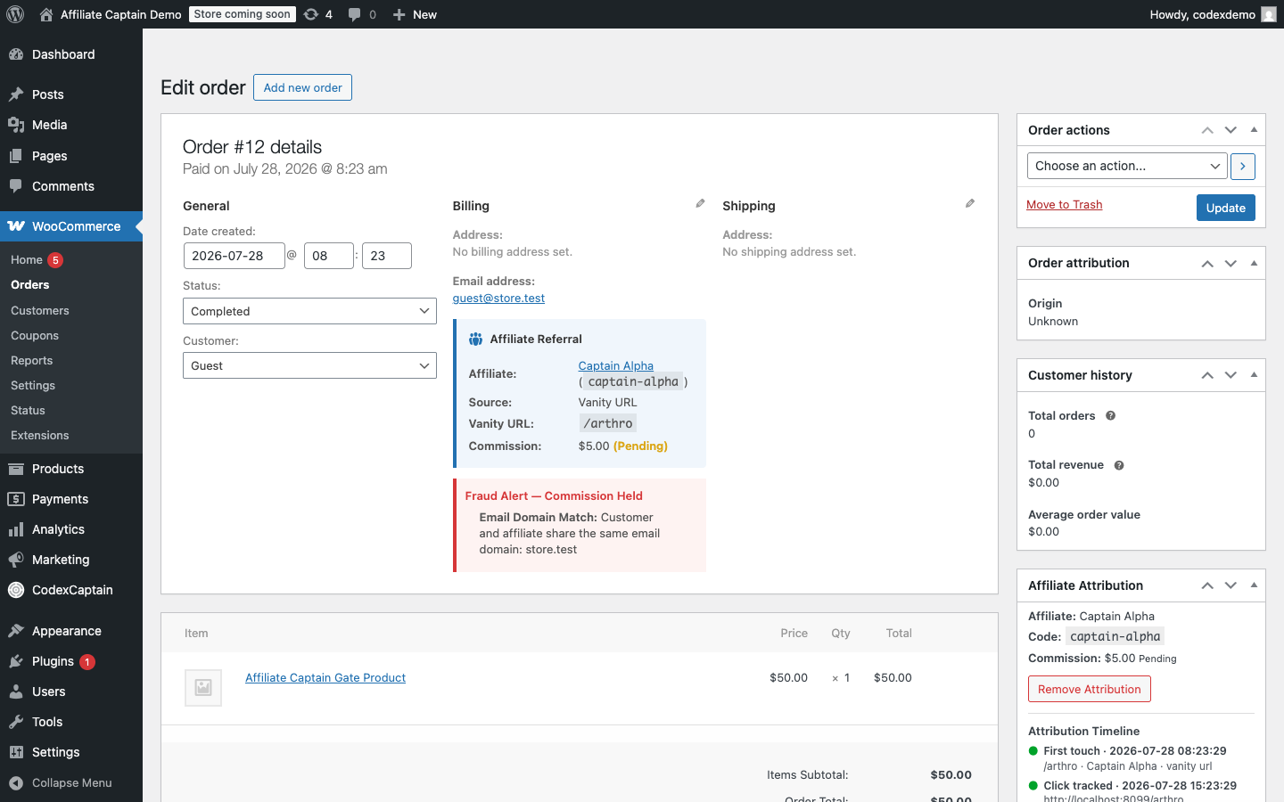 WooCommerce order attribution proof timeline showing affiliate source and credit decision