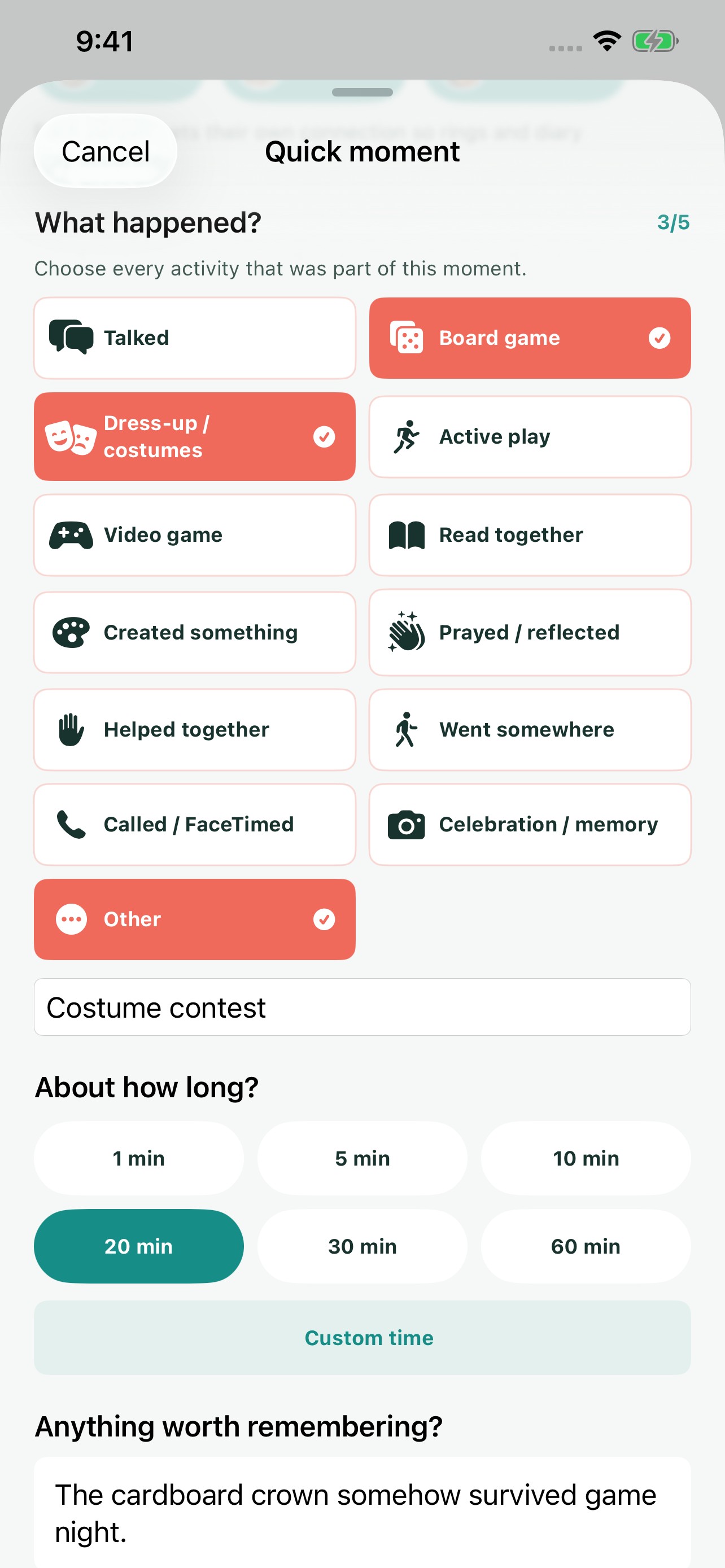 UsJot quick moment screen with a suggested family activity